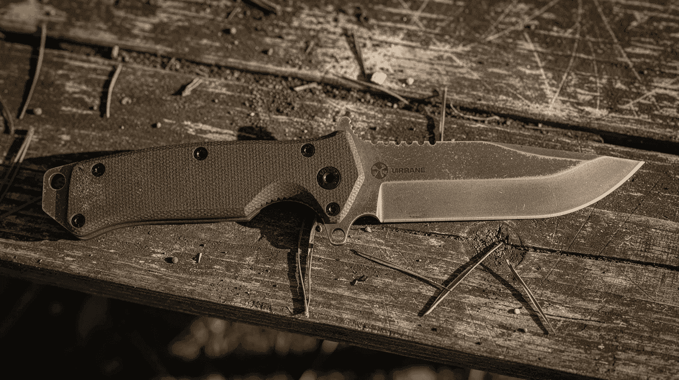 A rugged tactical knife with full-tang construction rests on a weathered outdoor surface, showcasing its sharp edge and durable design, making it an essential tool for outdoor enthusiasts and a powerful addition to any survival kit. This reliable knife is perfect for challenging conditions, ensuring preparedness for any emergency situation.