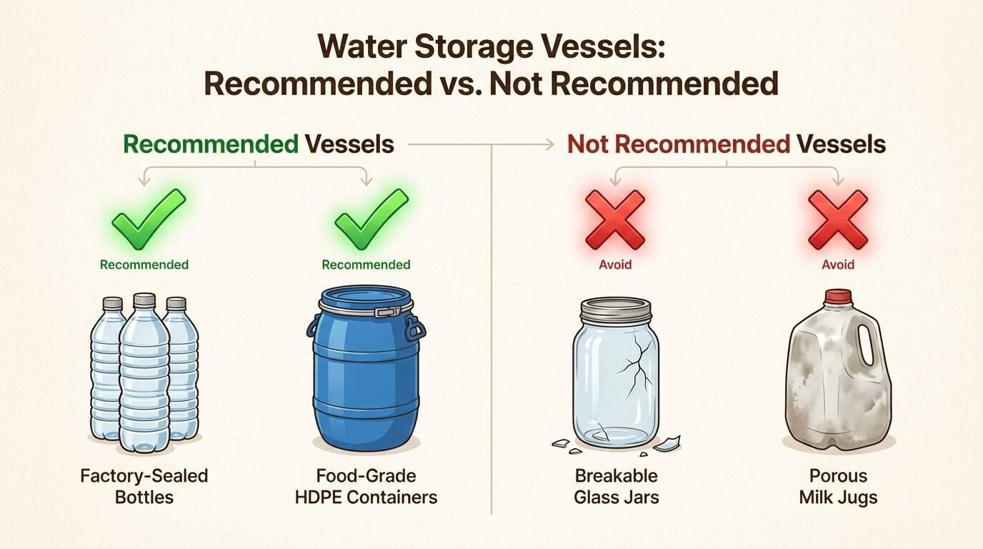 Selecting the right containers prevents bacterial growth and chemical leaching, ensuring your stored water remains safe for long-term consumption.