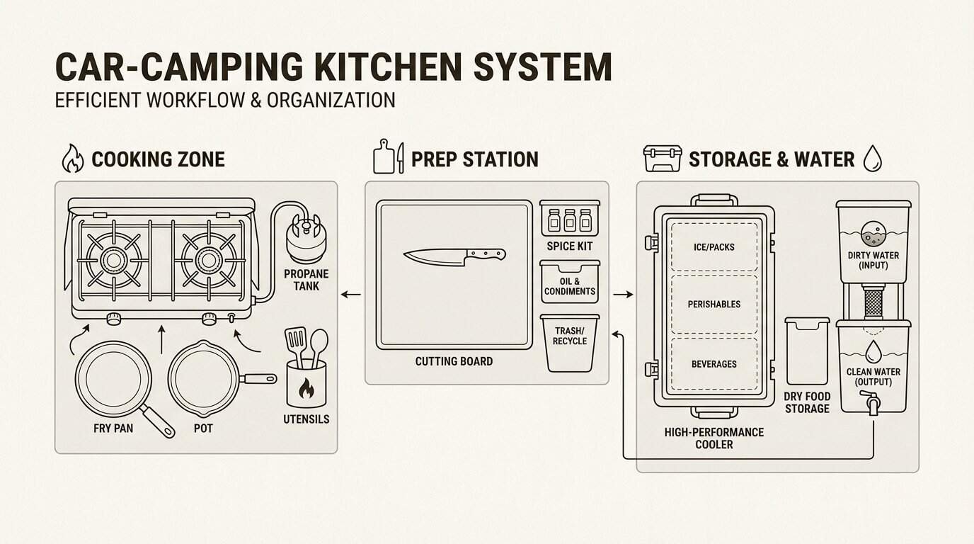 An efficient kitchen layout streamlines meal preparation and cleanup, making outdoor cooking a stress-free experience.