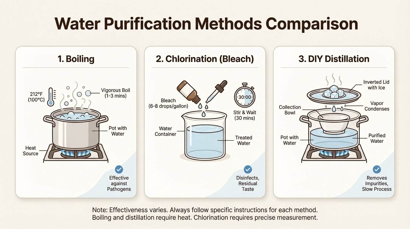 Mastering these purification methods allows you to transform questionable water sources into safe drinking water when your primary supply runs dry.