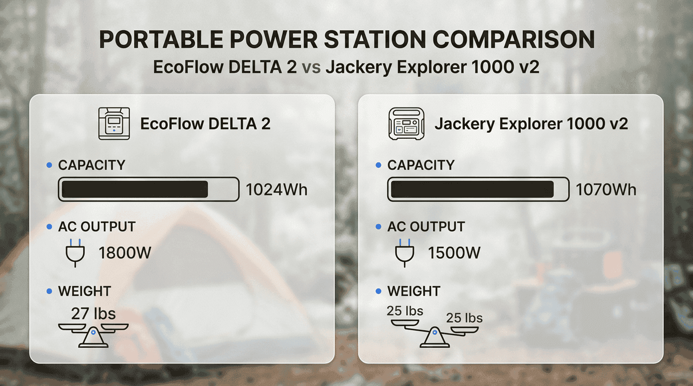This comparison highlights how the EcoFlow offers more raw power while the Jackery provides a lighter, high-capacity alternative for mobile campers.