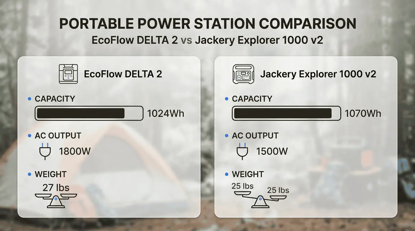 This comparison highlights how the EcoFlow offers more raw power while the Jackery provides a lighter, high-capacity alternative for mobile campers.