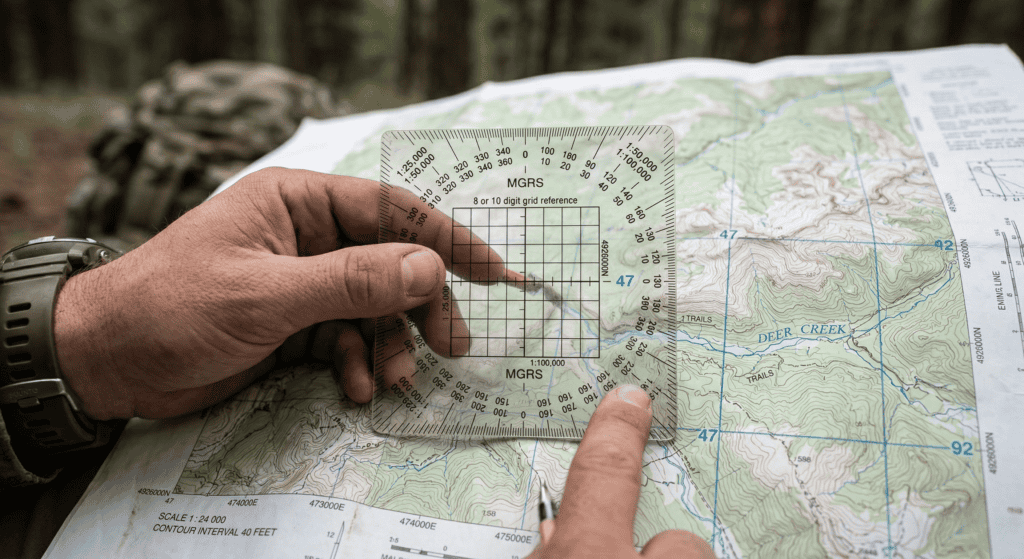 A close-up of a UTM/MGRS protractor being used on a topographical map.