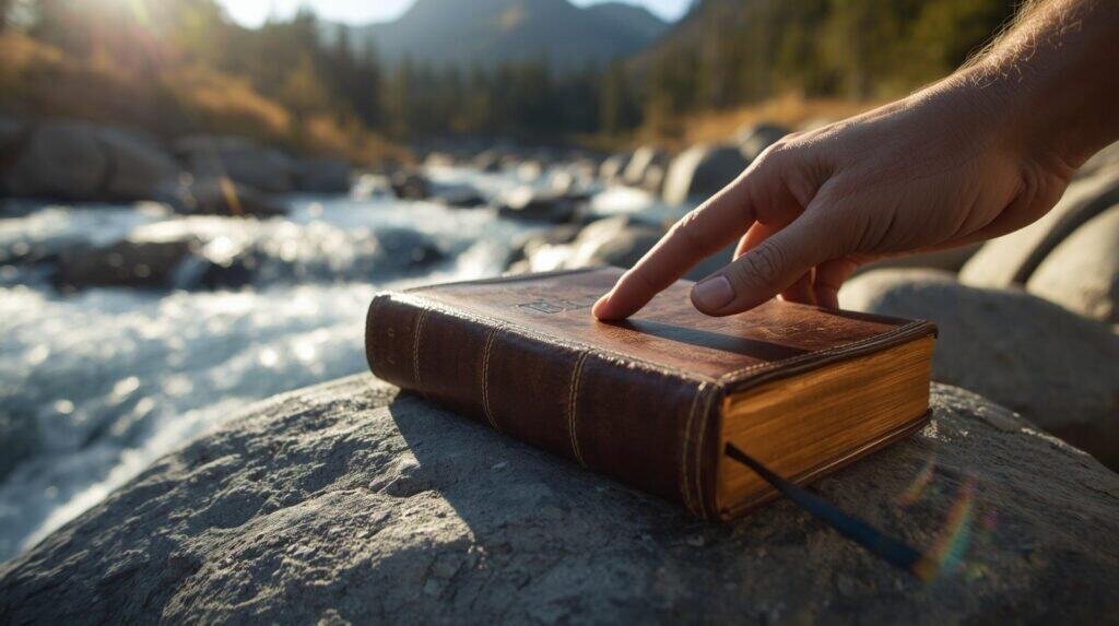 A close-up photograph of a robust, well-worn leather-bound Bible resting on a smooth, grey river stone beside a rushing mountain stream. Sunlight catches the golden edges of the pages. One hand, still slightly calloused and dusty but clean of mud, reaches into the frame, turning the pages of the Bible, with the rugged, pine-forested mountain peaks visible in the soft background blur (the destination seen in image 1). A subtle rainbow glints in the stream spray. It is evening, and the light is golden hour, warm and peaceful, representing a fortified and mature resilience. High-resolution photo.