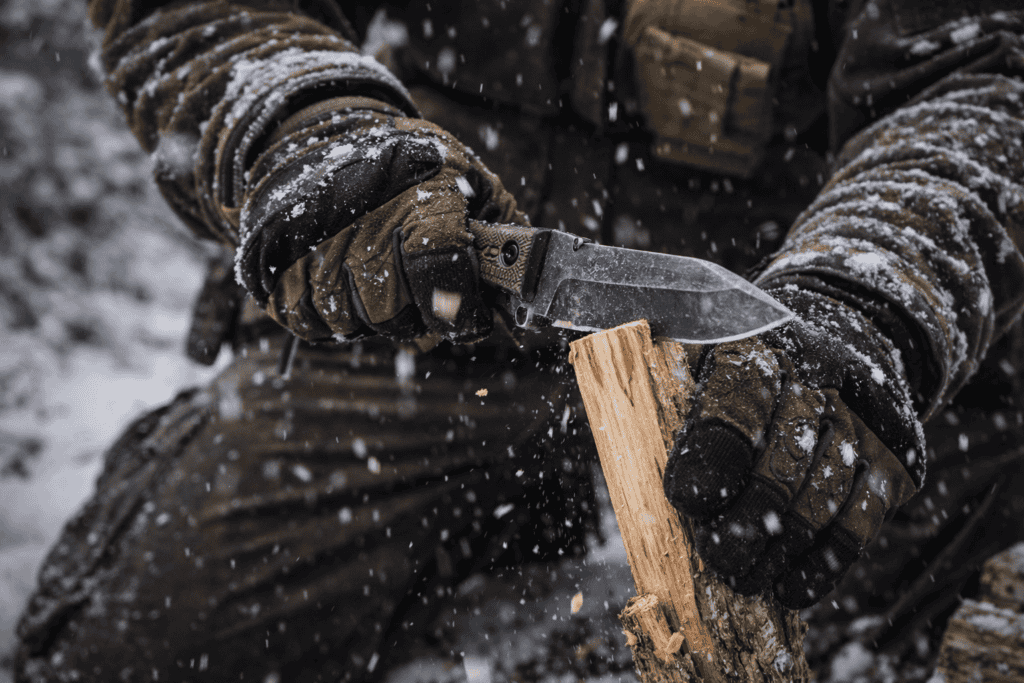 A person actually testing gear — someone working a multi-tool with gloved hands in cold weather, or batoning wood with a fixed blade. Action shots here reinforce your "test before you trust it" message.