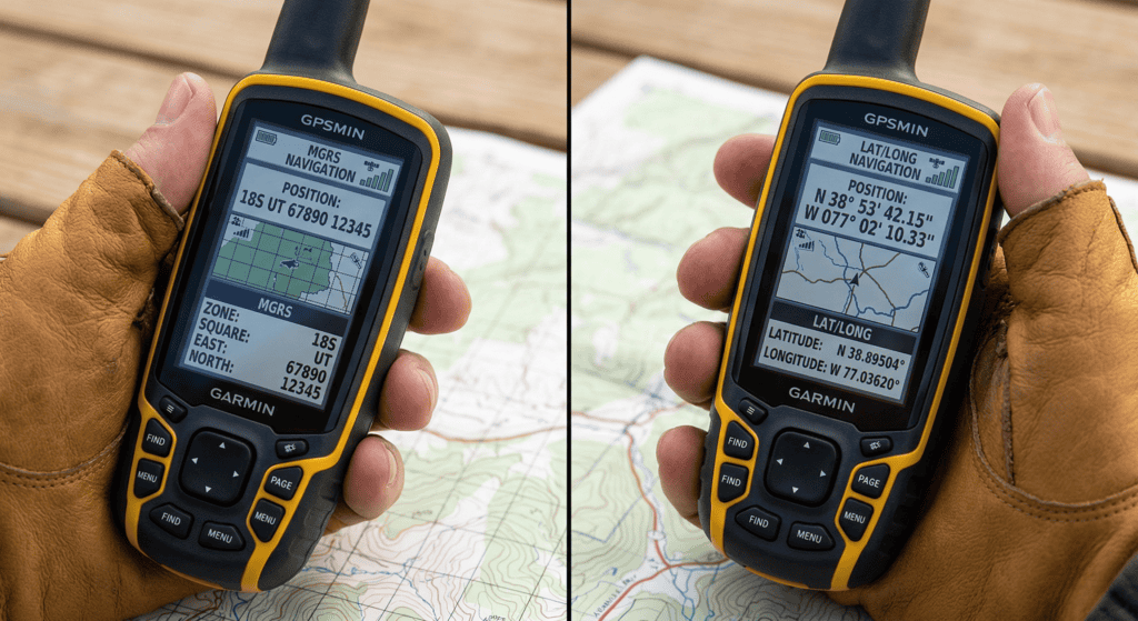 A split-screen showing a GPS unit displaying MGRS on one side and Lat/Long on the other.