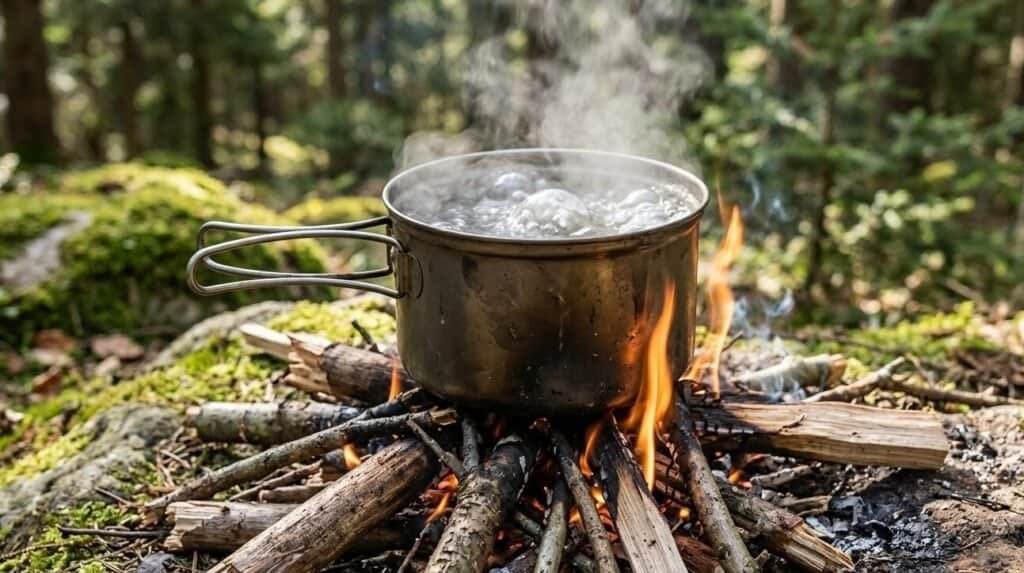 Pot boiling water over campfire