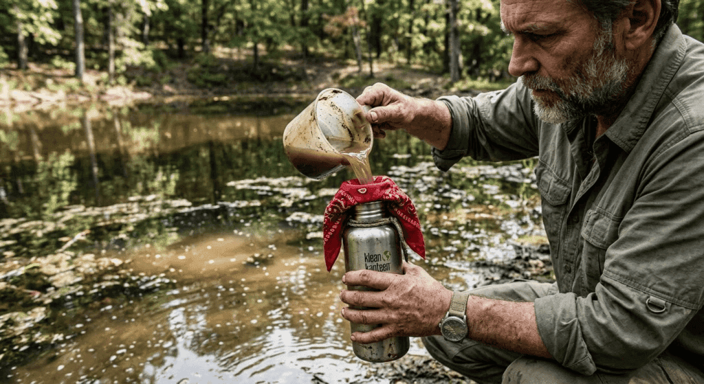 Filtering water using a bandana.