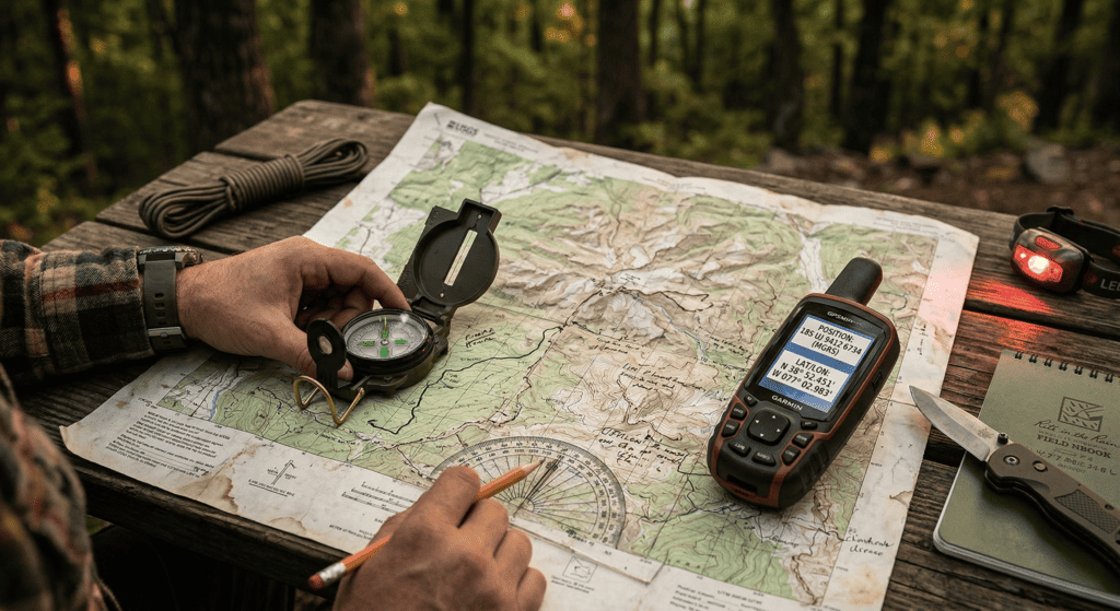 A weathered topographical map with a compass and a GPS unit showing different coordinate systems.