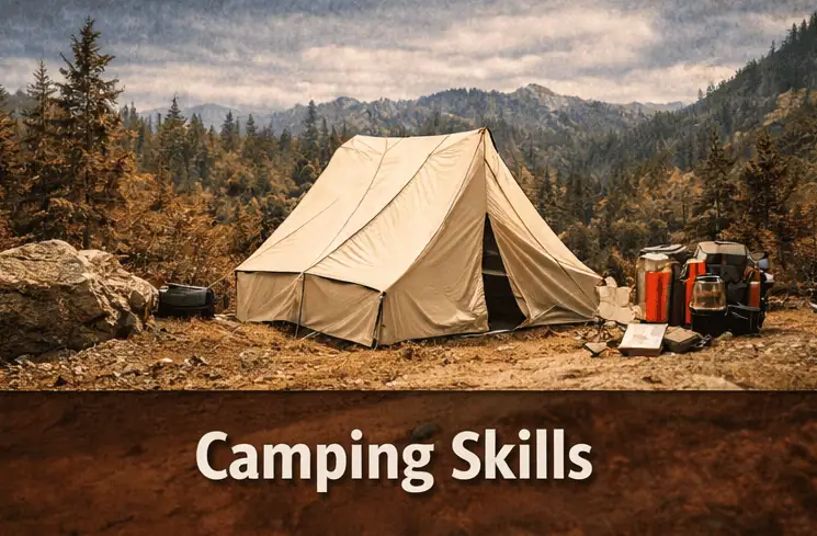 A large beige camping tent set up in a forested mountain area with camping gear nearby, perfect for outdoor adventure enthusiasts.