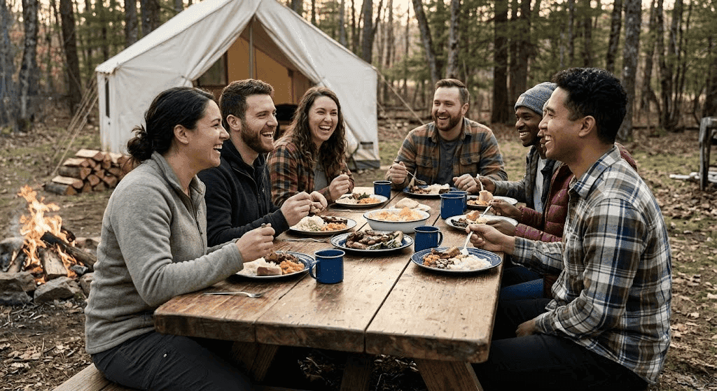 Group enjoying a meal outdoors together.