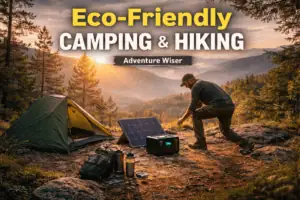 Eco-friendly camping and hiking gear setup in a scenic mountain landscape at sunset, featuring solar panels, a tent, and sustainable equipment for outdoor adventures.