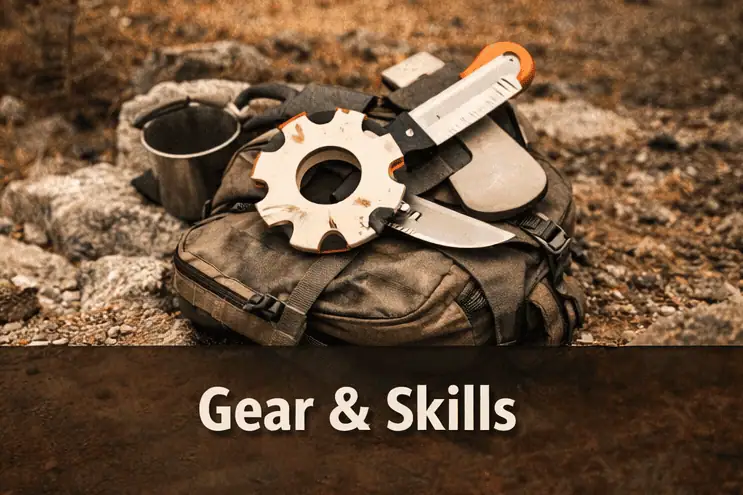High-quality camping gear including a gear wheel, knife, and measuring tools placed on a backpack in a rugged outdoor setting.