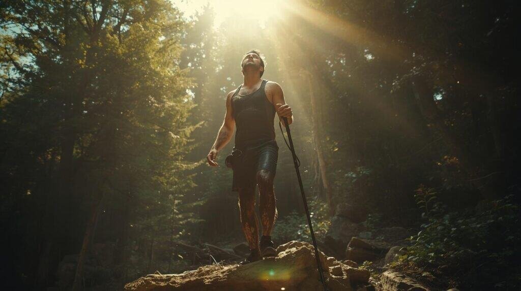 A medium-shot photograph depicting the man from image 1, still muddy and unkempt, having left the dense forest and stepped into a sun-dappled clearing. He stands on a prominent stone outcrop, his face turned upward to catch the bright, warm rays of natural sunlight filtering through the canopy, eyes closed in relief and determination. His muddy hand (from image 2) is now gripping his hiking staff firmly. A sense of peace and new-found direction emanates from him. The light creates a radiant halo effect around his shoulders. Cinematic, hopeful composition. High-resolution photo.
