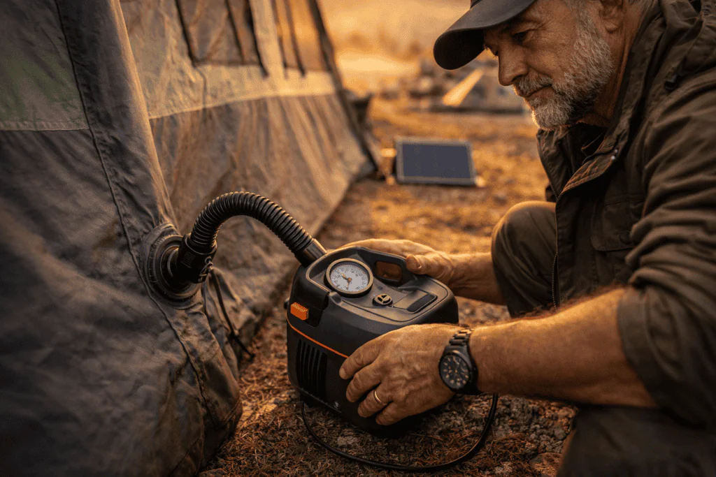 Man using pump to inflate tent
