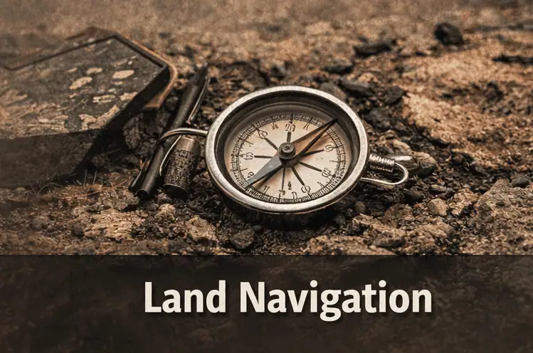 Close-up of a compass and navigation tools on rugged ground, emphasizing land navigation for outdoor adventures and exploration.