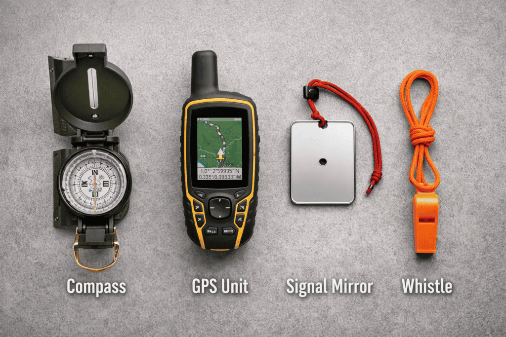 Overhead flat-lay of navigation tools — analog compass, GPS unit, signal mirror, and whistle arranged together. Clean, instructional feel.