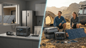 An image showcasing portable solar power stations set up outdoors for camping, with solar panels and power units, ideal for emergency backup and off-grid energy solutions.