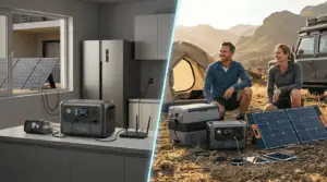 An image showcasing portable solar power stations set up outdoors for camping, with solar panels and power units, ideal for emergency backup and off-grid energy solutions.