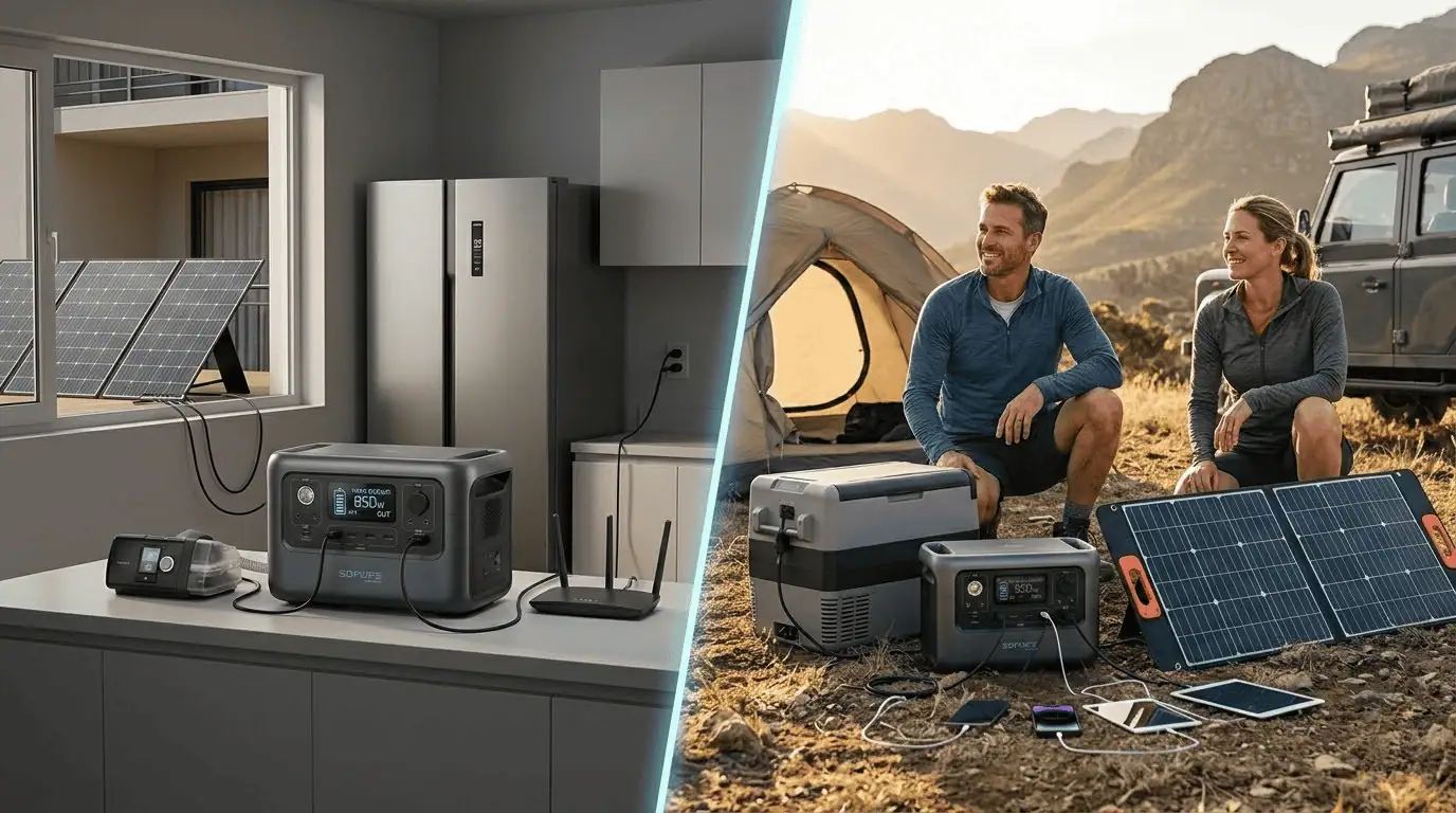 An image showcasing portable solar power stations set up outdoors for camping, with solar panels and power units, ideal for emergency backup and off-grid energy solutions.