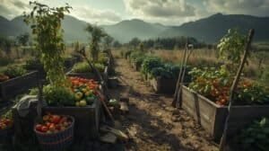 An organized vegetable garden with raised beds and trellises, showcasing a variety of ripe tomatoes and other produce, set against a backdrop of mountains and open sky.