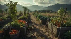 An organized vegetable garden with raised beds and trellises, showcasing a variety of ripe tomatoes and other produce, set against a backdrop of mountains and open sky.