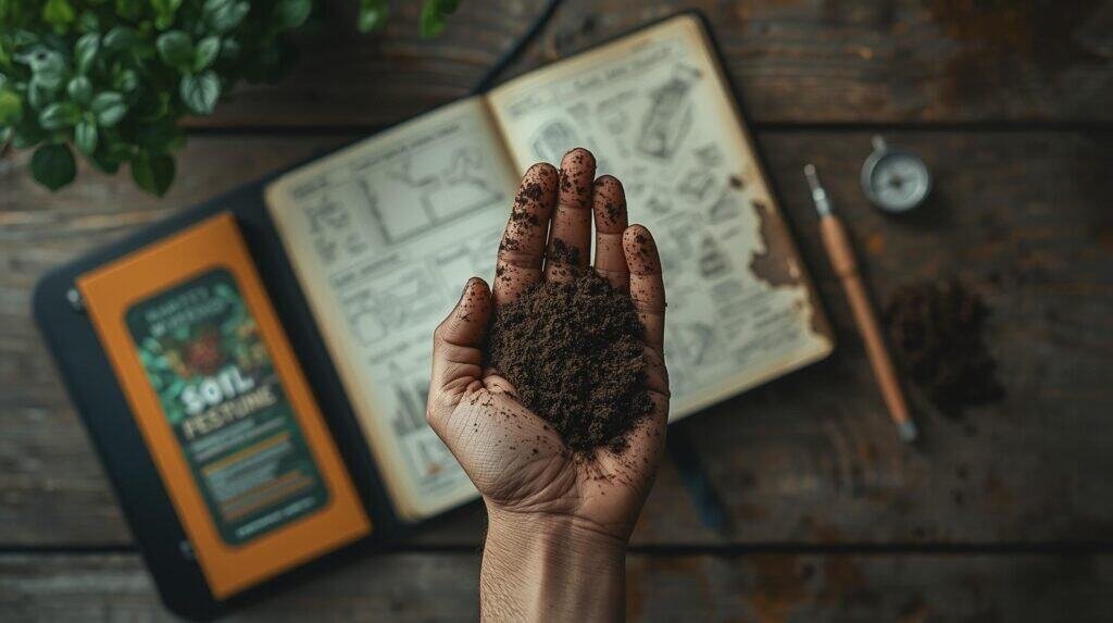 Hand holding soil above notebook