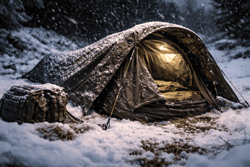 A military bivvy or emergency shelter deployed in a snow or rain environment — not a clean studio shot. Real conditions reinforce credibility for your audience.