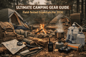 Essential camping gear setup with tents, cooking equipment, and outdoor tools in a forest campsite.