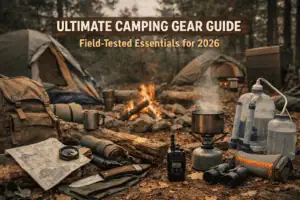 Essential camping gear setup with tents, cooking equipment, and outdoor tools in a forest campsite.