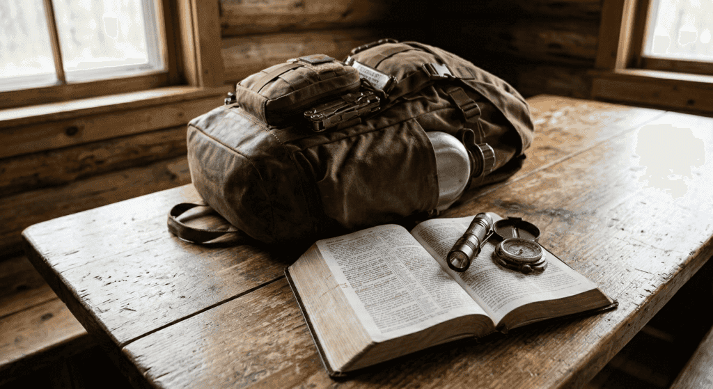 Backpack, book, flashlight, compass on table