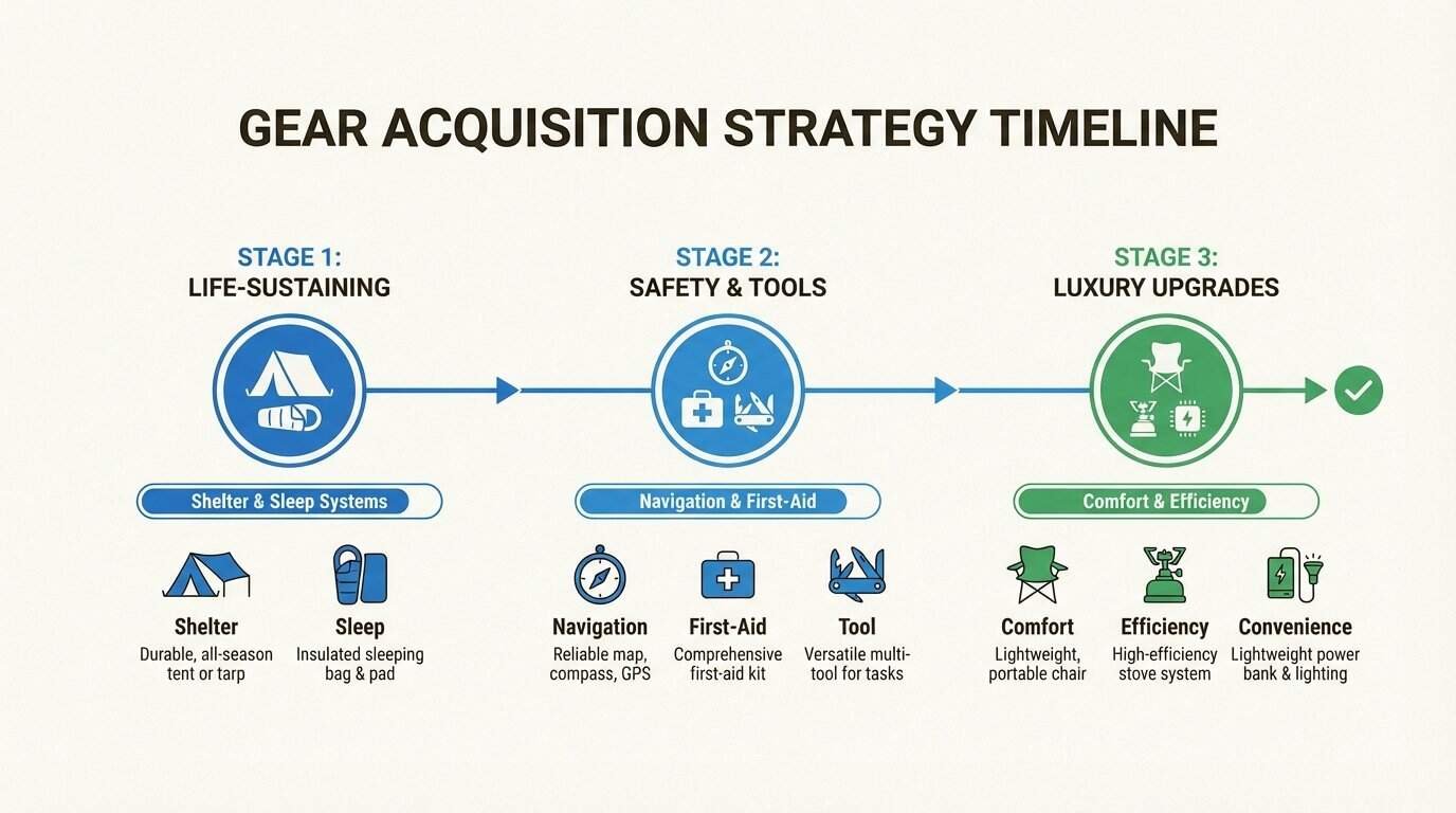 Following a phased buying plan ensures you have the most critical gear first without overextending your budget.