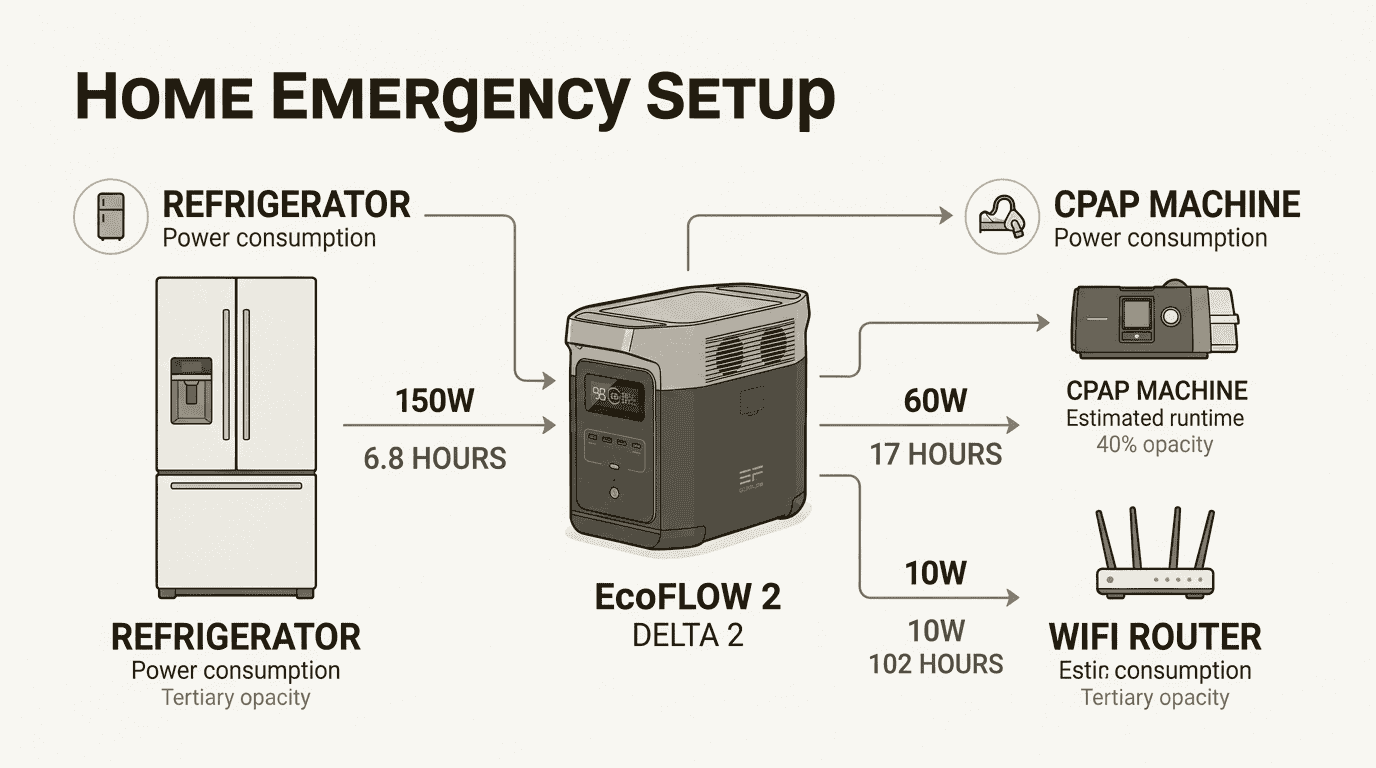 EcoFlow solar generator powering home essentials during outages, including refrigerator, CPAP machine, WiFi router, and more for reliable off-grid energy.