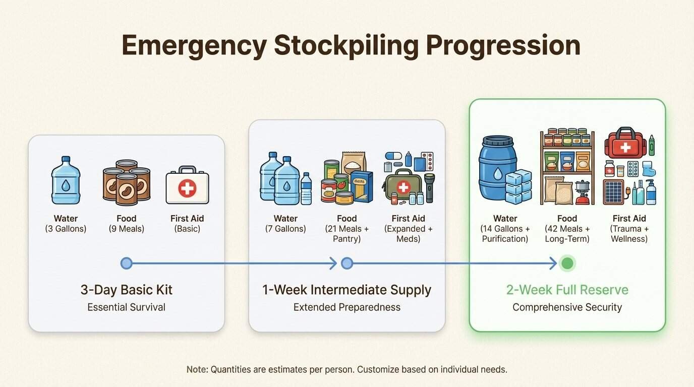 This timeline helps you build your emergency reserves incrementally to avoid the stress of panic buying during a crisis.
