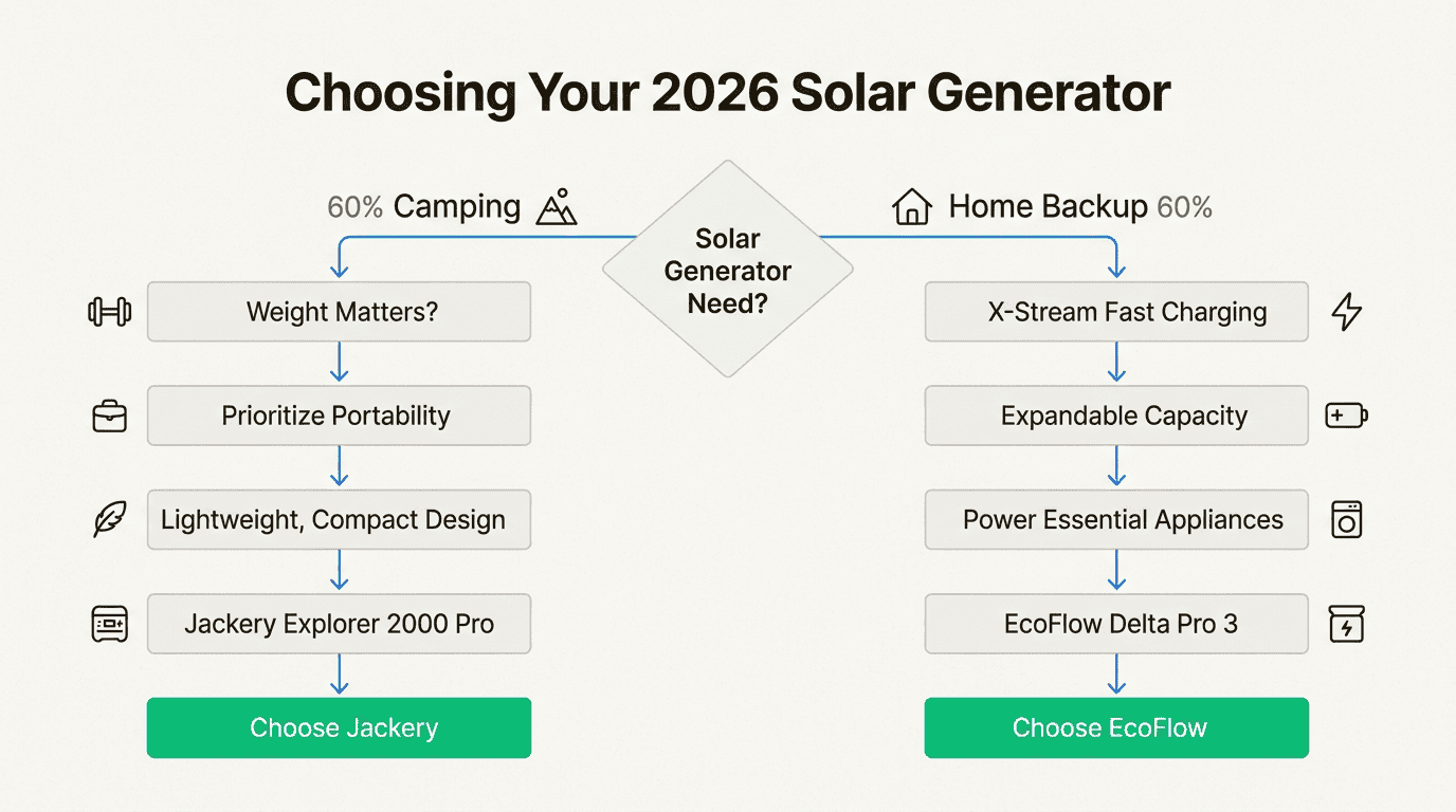 Use this flowchart to quickly identify which generator brand aligns with your primary needs, whether for off-grid travel or emergency home readiness.
