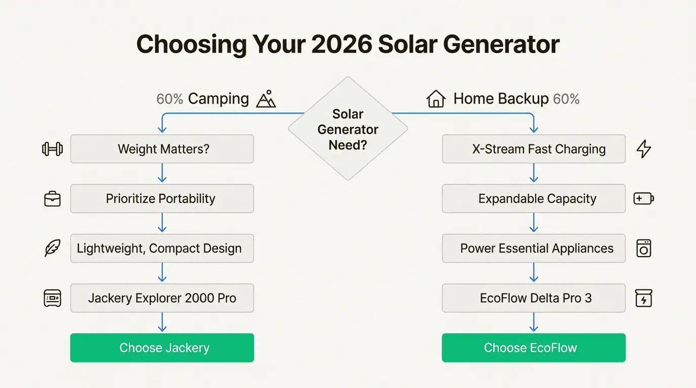 Use this flowchart to quickly identify which generator brand aligns with your primary needs, whether for off-grid travel or emergency home readiness.