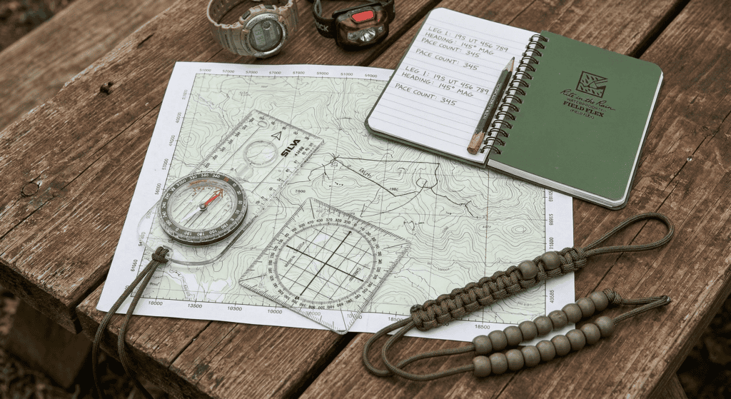 A complete land navigation kit spread out on a wooden table: map, compass, protractor, notebook, and pace beads.