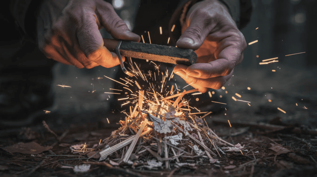 The image shows hands skillfully using a ferro rod to create bright sparks that ignite prepared tinder, demonstrating essential wilderness survival skills. This important survival tool is crucial for starting a fire in wilderness survival situations, helping adventurers cook food and stay warm in the great outdoors.