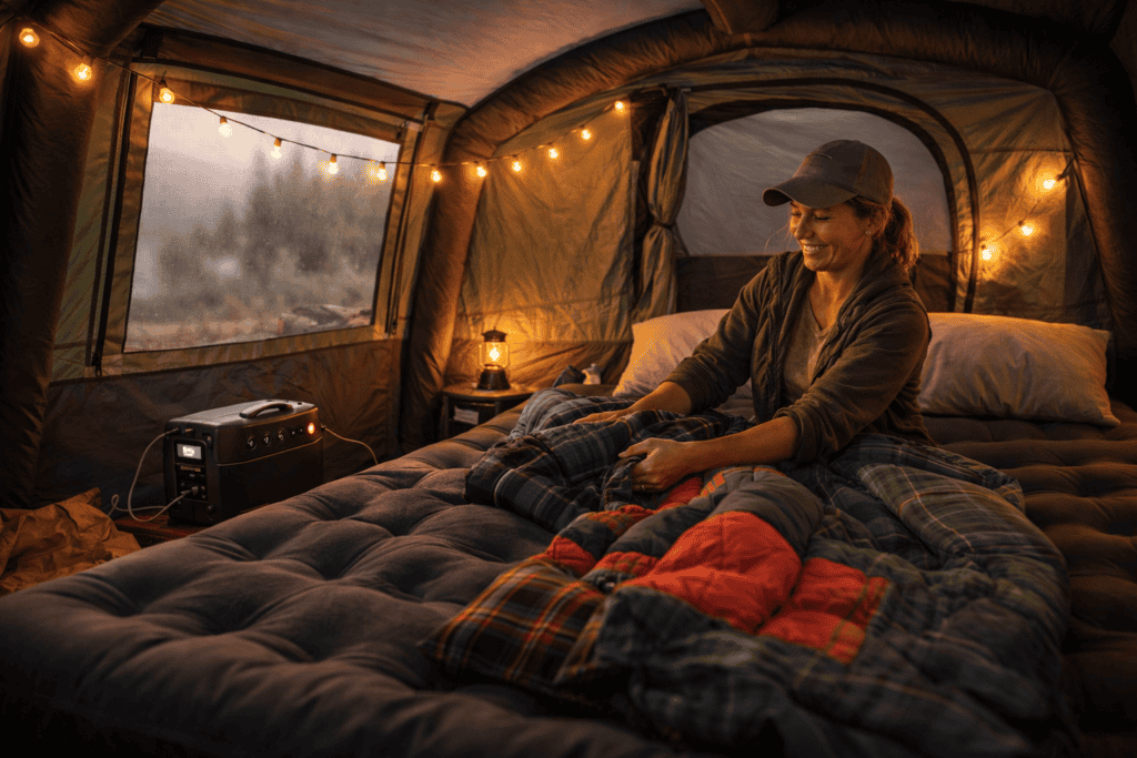 Cozy camping setup with warm lighting