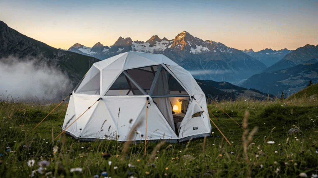 Dome tent in scenic mountain landscape