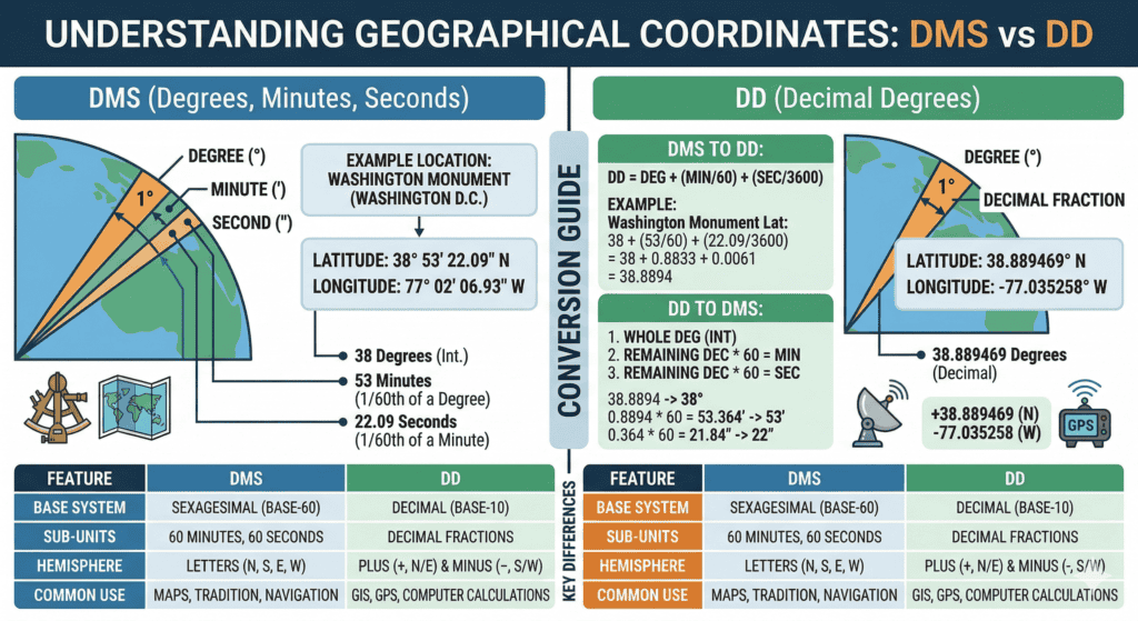An infographic showing the difference between Decimal Degrees and Degrees/Minutes/Seconds.