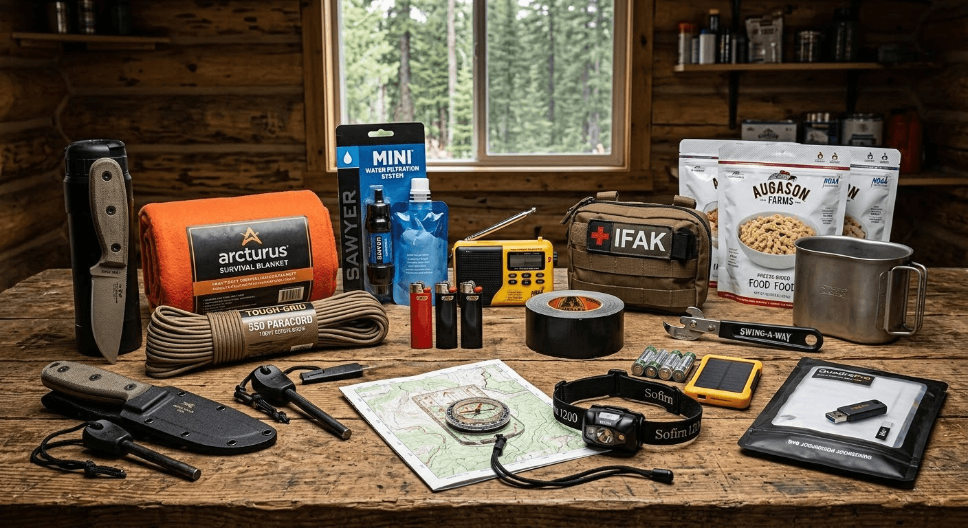 Essential survival gear setup with tools, first aid, and navigation equipment for emergency preparedness. Perfect for preppers and outdoor enthusiasts.