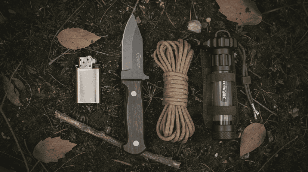 A compact wilderness survival kit is displayed on the forest floor, featuring essential items such as a knife, lighter, cordage, and a water filter. This gear is crucial for wilderness survival situations, enabling skills like fire-making and water purification in the great outdoors.