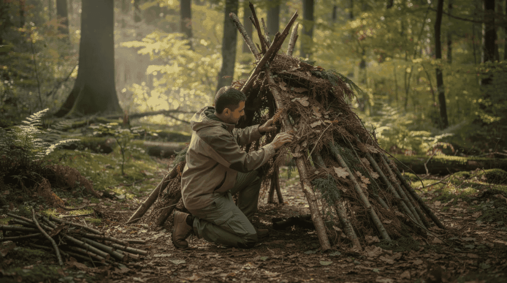 A person is constructing a debris hut shelter in a temperate forest, skillfully using fallen branches and leaves as part of their wilderness survival skills. This hands-on activity highlights essential shelter building techniques for survival situations in the great outdoors.