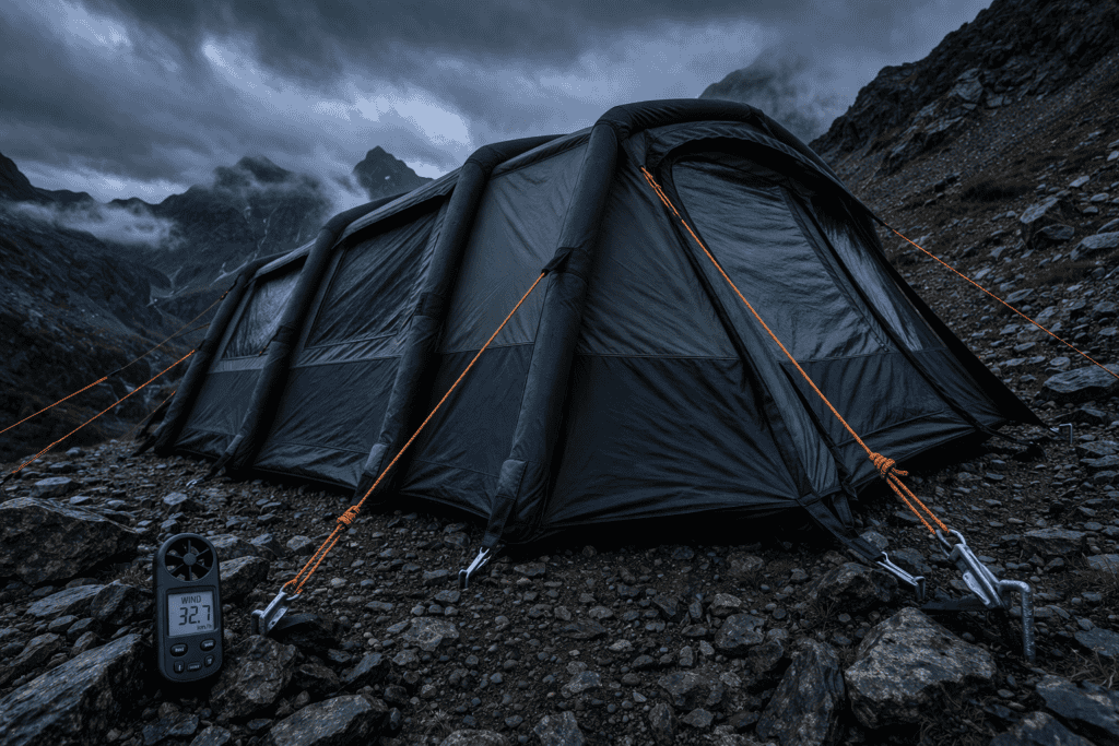 Tent in a rugged, cloudy landscape