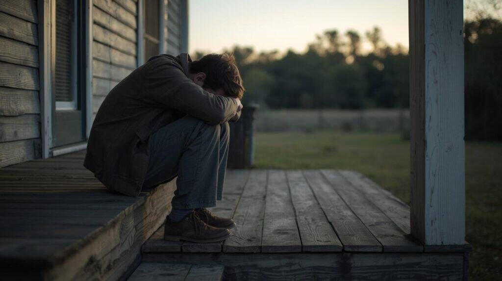 A lone man sitting on weathered wooden porch steps at dusk, elbows on knees, head slightly bowed, quiet exhaustion, not dramatic — golden hour light barely touching the tree line in the background, soft bokeh, muted earth tones, cinematic documentary style, natural lighting, no text, photorealistic --ar 16:9 --style raw --v 6