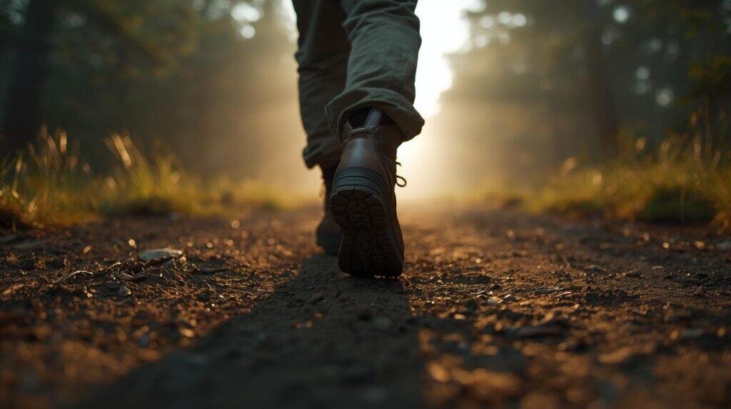 (The First Step Forward) — After Step 3After "Whatever it is, do it today." The boots mid-stride is a literal visual metaphor for the one controlled step forward concept. Perfect timing — reader is in the action phase of the post.