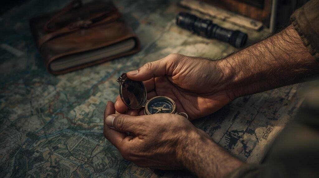 The Rebuilt FoundationA close-up of rough, calloused hands holding a compass over a topographic map on a tailgate or wooden table, a weathered Bible visible in the background — rugged, not religious-kitsch. Speaks directly to the "faith + preparedness" fusion that's your Adventure Wiser brand DNA.
