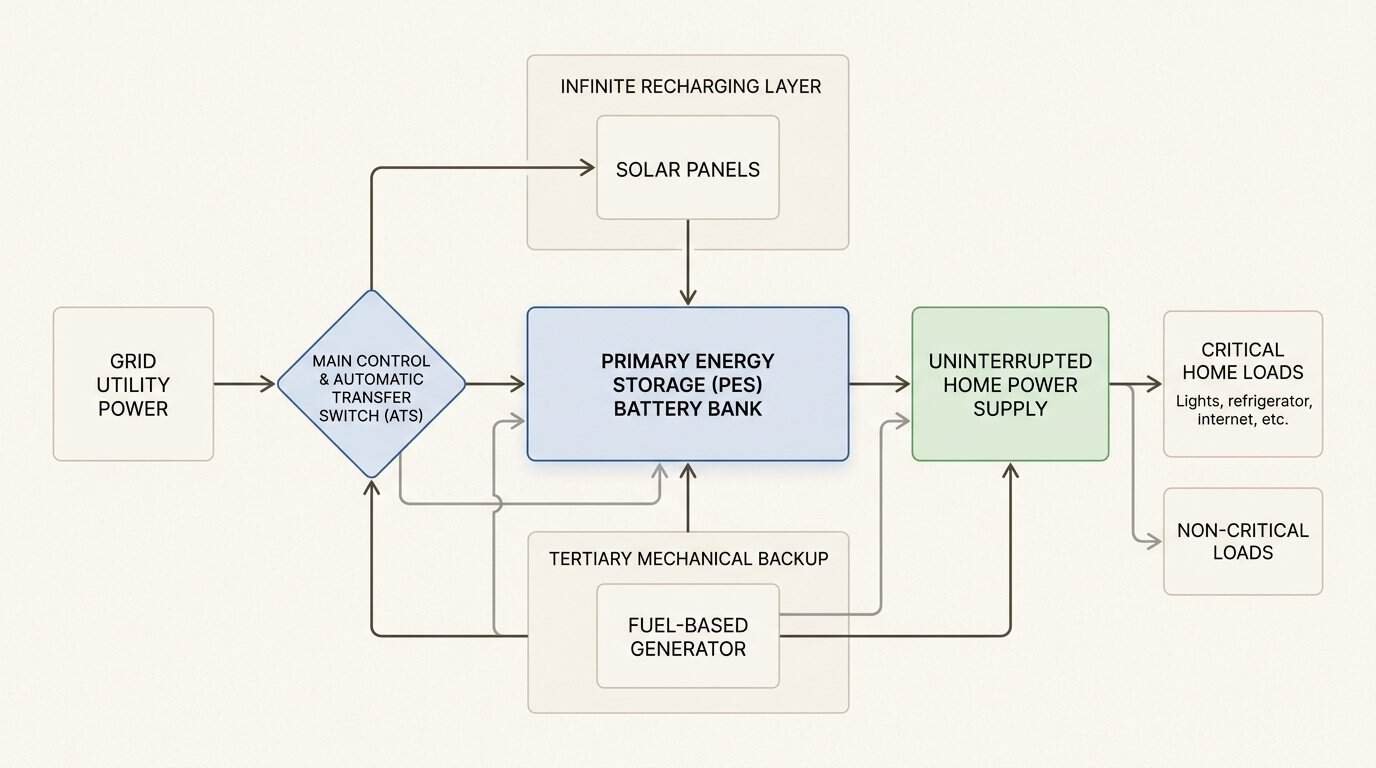 This multi-layered redundancy system ensures continuous power by eliminating single points of failure in your home energy architecture.