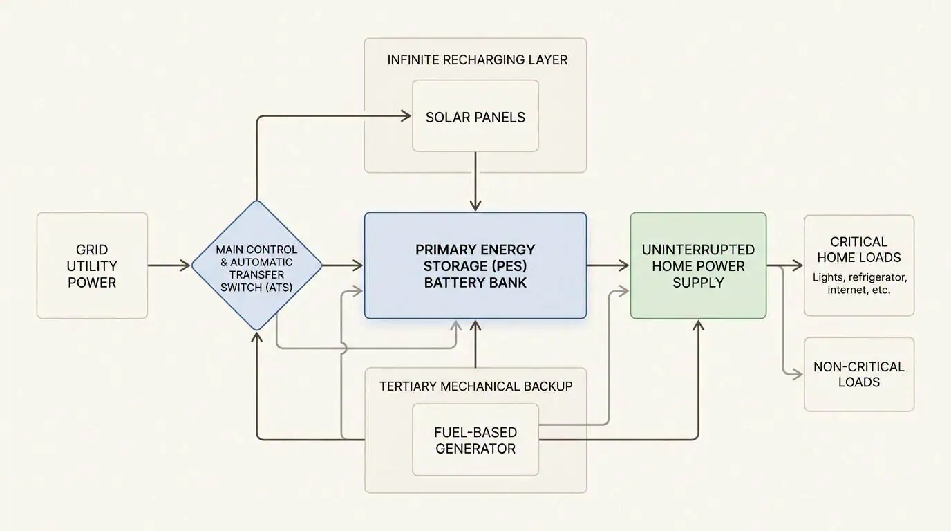 This multi-layered redundancy system ensures continuous power by eliminating single points of failure in your home energy architecture.